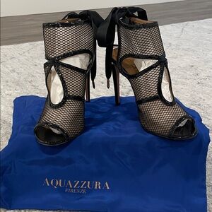 Aquazzura Black Fishnet Lace-Up Peep-Toe Booties with Ribbon Tie